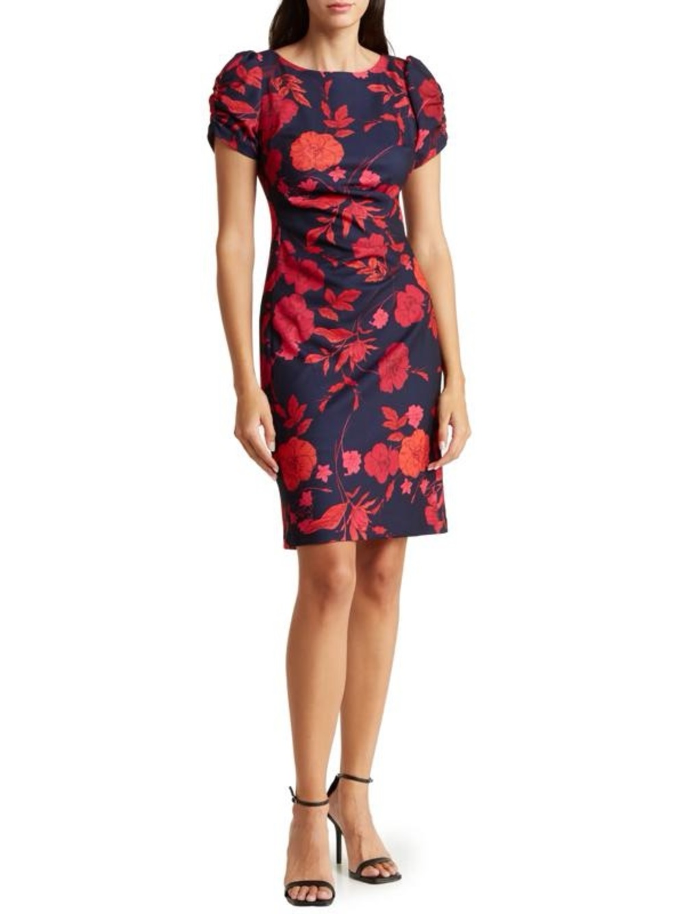 Karl Lagerfeld Paris Scuba Sheath Dress 8 Navy Red Floral Ruched Puff Sleeve